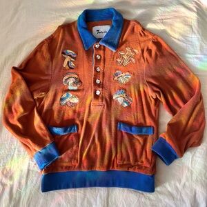 Tombolo “disco fungi” mushroom embroidered terry cloth shirt size XS